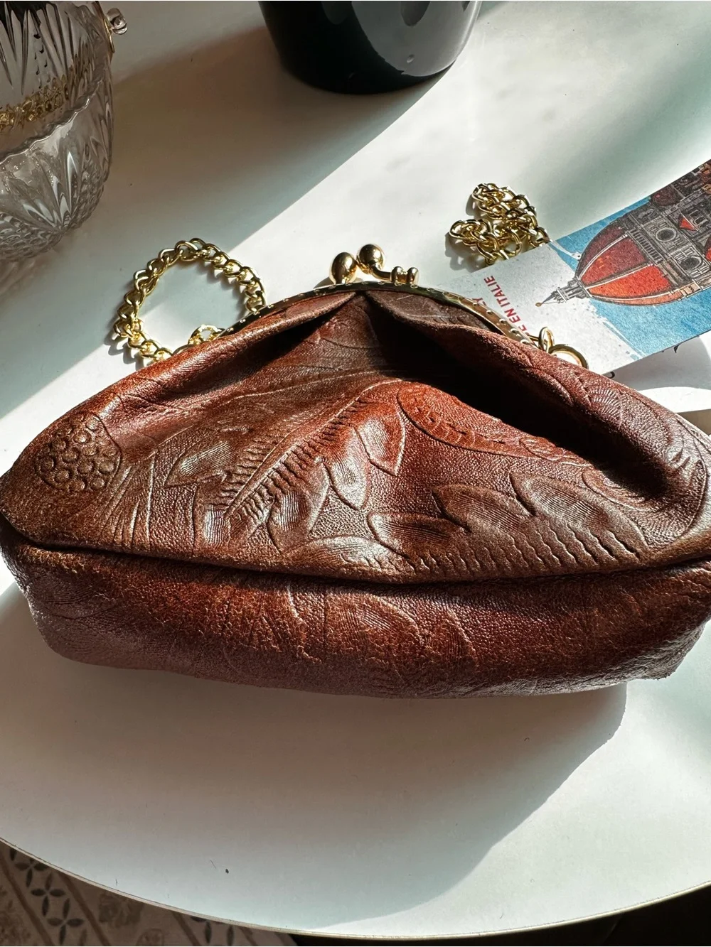 Brown Textured Kiss-Lock Crossbody Clutch with Gold Chain